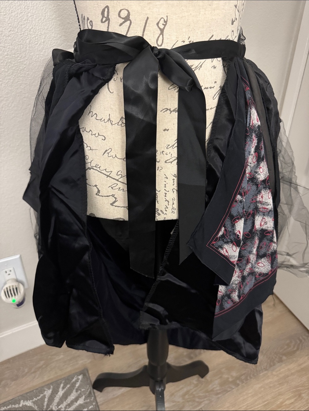 Black Satin Ribbon Tie bustle over Skirt with Patterned Panel